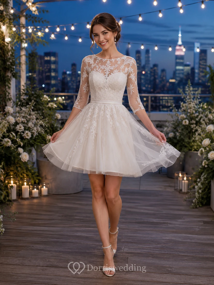 Vestido de novia corto de tul con cuello alto y mangas de encaje para azotea