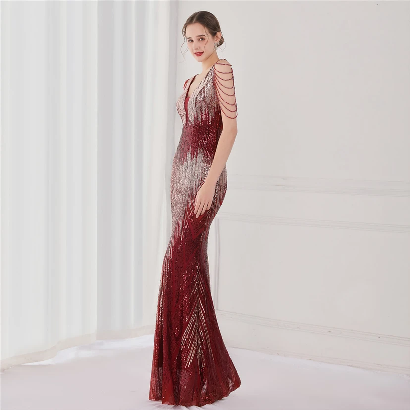 Vestido largo de lentejuelas con cola de pez, ideal para eventos, banquetes, eventos de celebridades y eventos de moda. Vestido de noche con etiqueta para modelos de automóviles. view 3