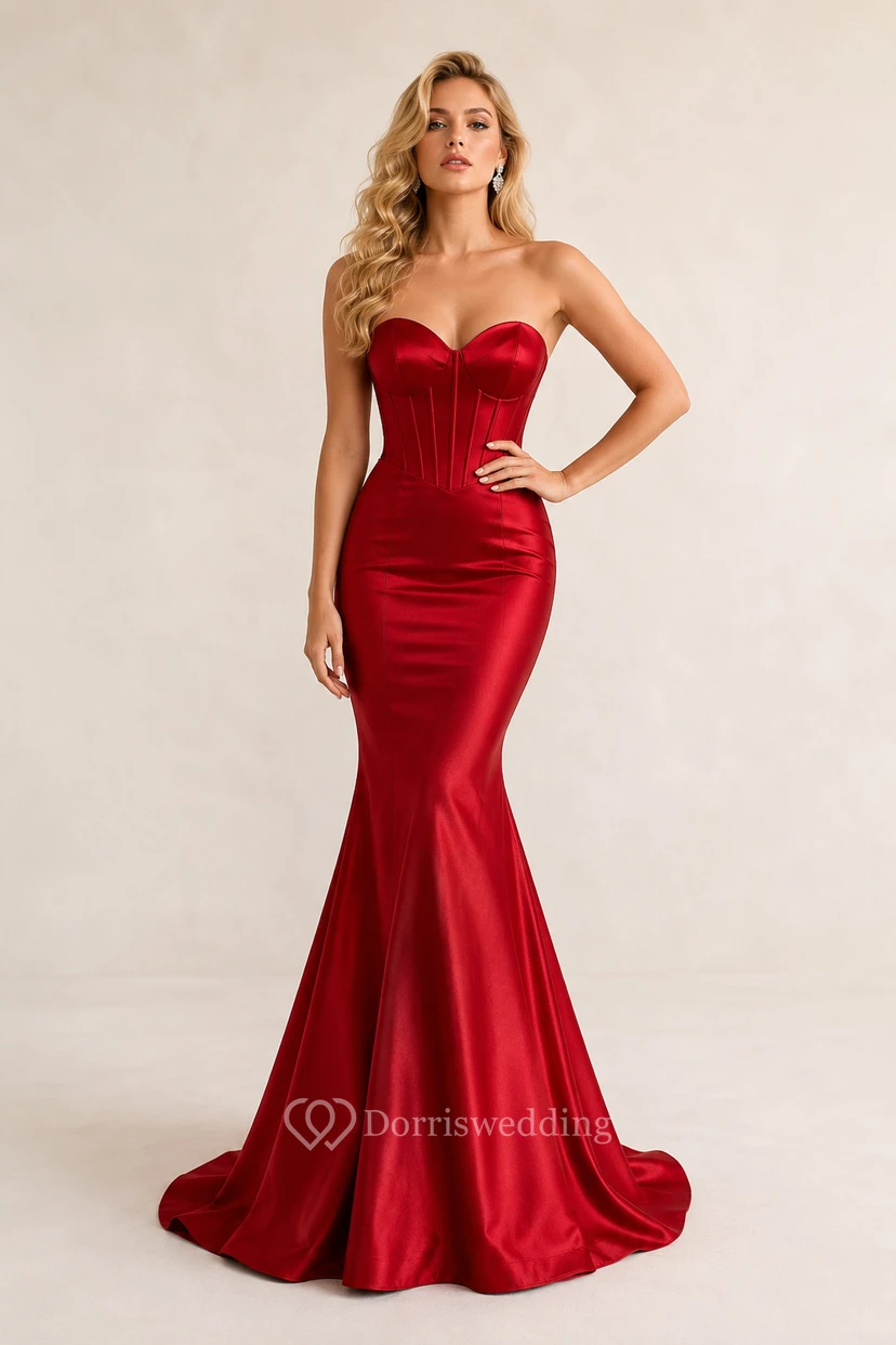 Vestido formal de sirena de satén rojo sin tirantes