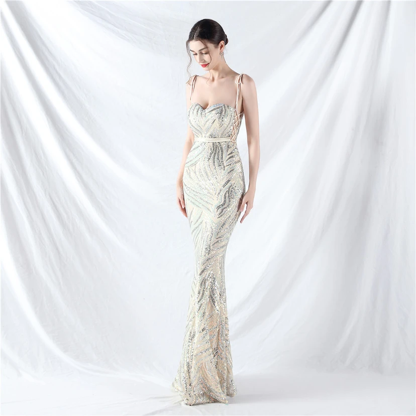 Vestido de noche con tirantes, top tipo tubo y lentejuelas apiladas encriptadas, con método de doble atado de cuerda. view 22
