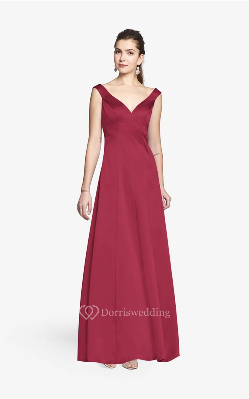 Simple V-neckline Floor-length Satin Dress With Cap Sleeves view 6