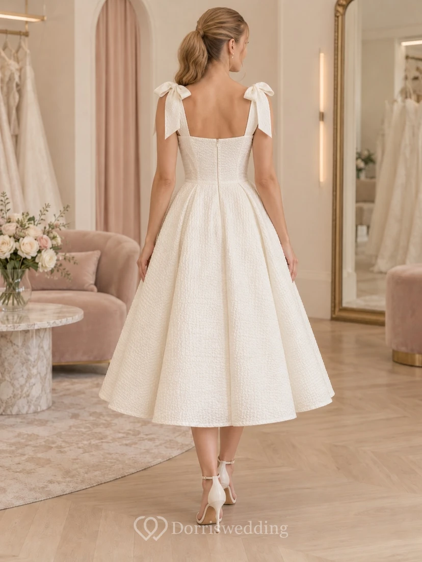 Schlichtes, glattes Oberteil, teelanges Brautkleid mit Herzausschnitt, ärmellos und Schleife aus Baumwoll-Seersucker in A-Linie view 2