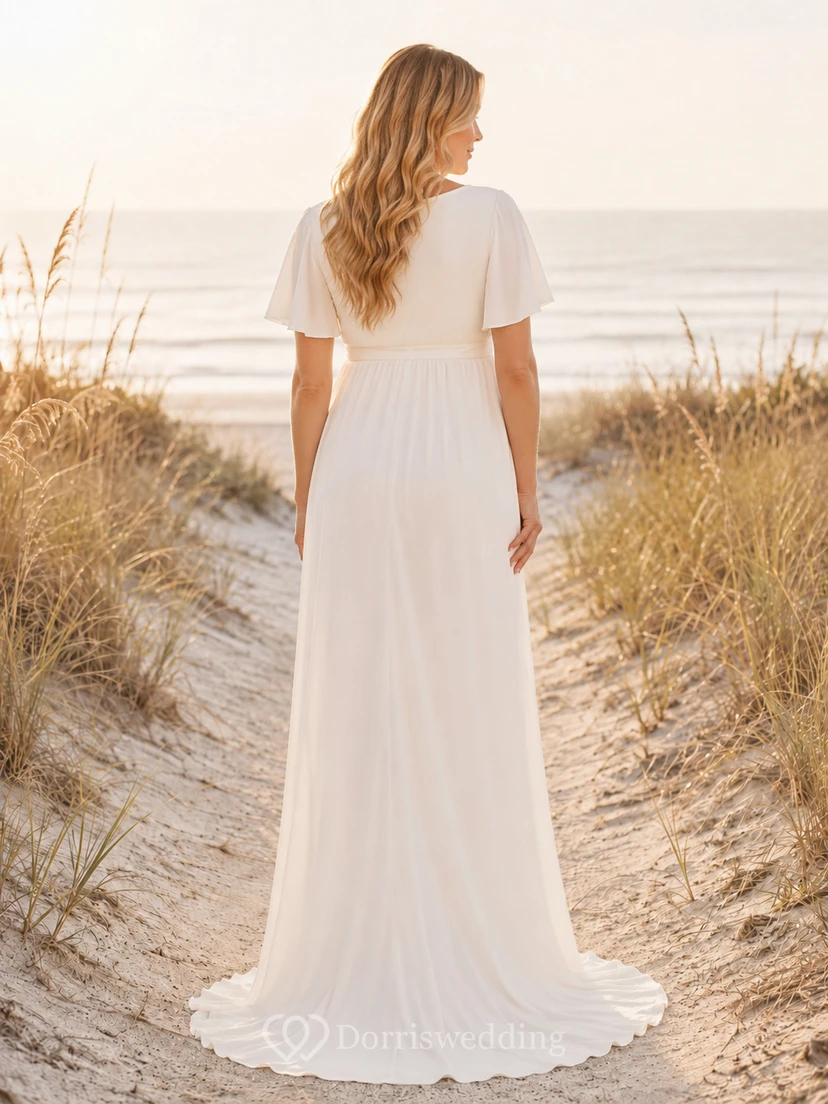 Maternity Wedding Dress V-Neck Short Sleeve Simple Beach Bridal Gown view 2