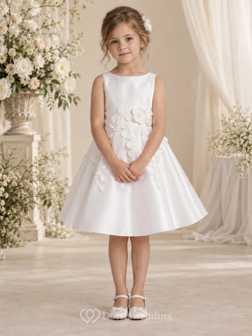 Weißes, knielanges, ärmelloses Blumenmädchenkleid aus Satin in A-Linie mit Blumenmuster