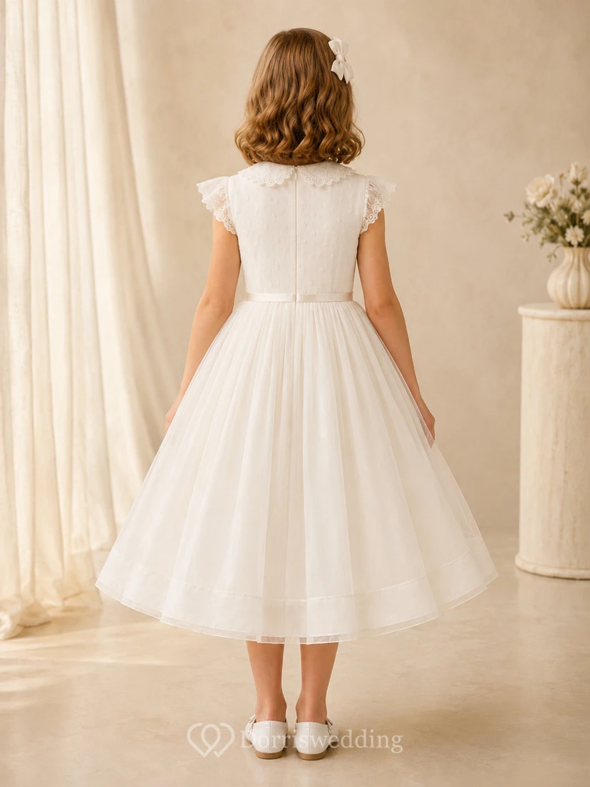 Vestido de comunión de tul plisado con cuello joya y mangas cortas con volantes view 2