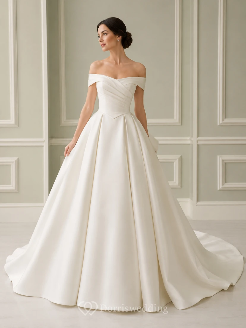 Elegant off shoulder satin bridal ball gown with pleated skirt