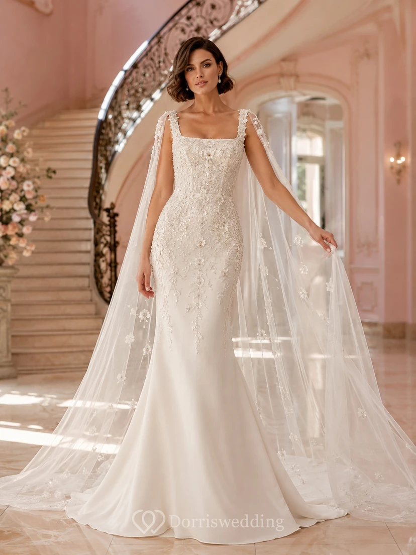 Robe de mariée de luxe pour salle de bal, ornée de dentelle, bretelles carrées, manches longues, coupe fourreau et traîne.