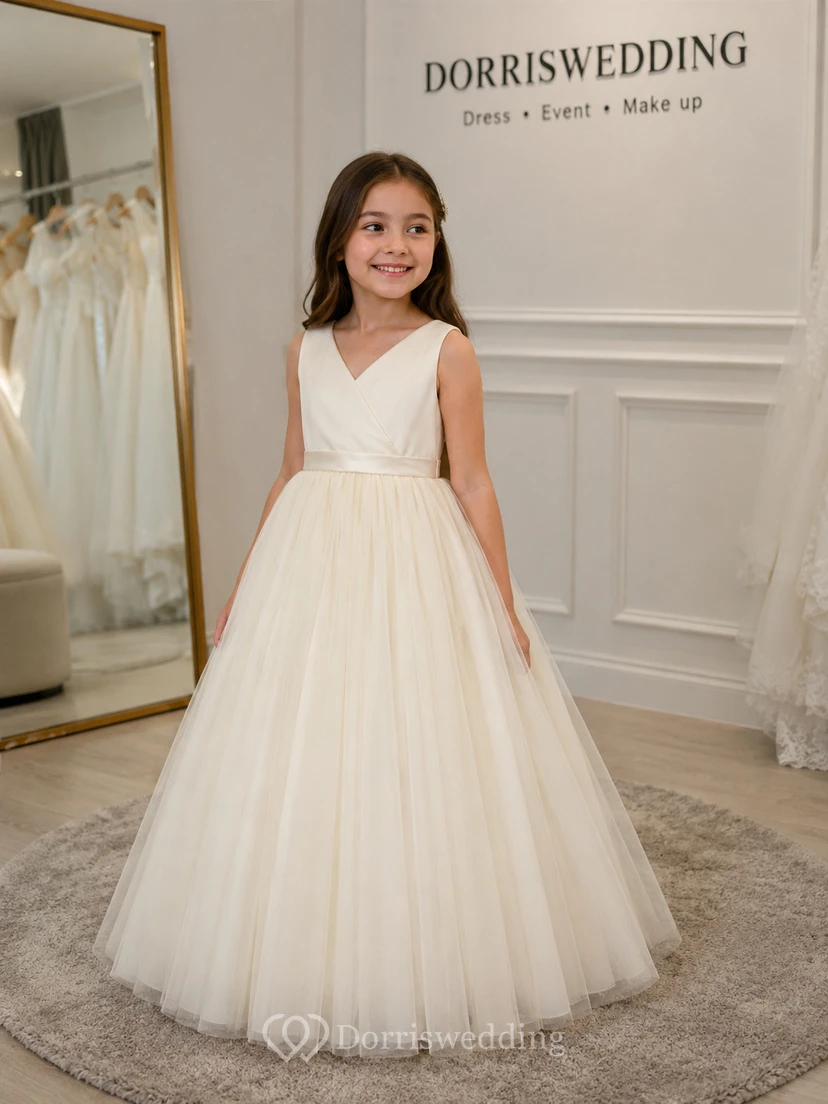 Water Melon V-neck Sleeveless A-line Tulle Pleated Flowergirl Dress view 8