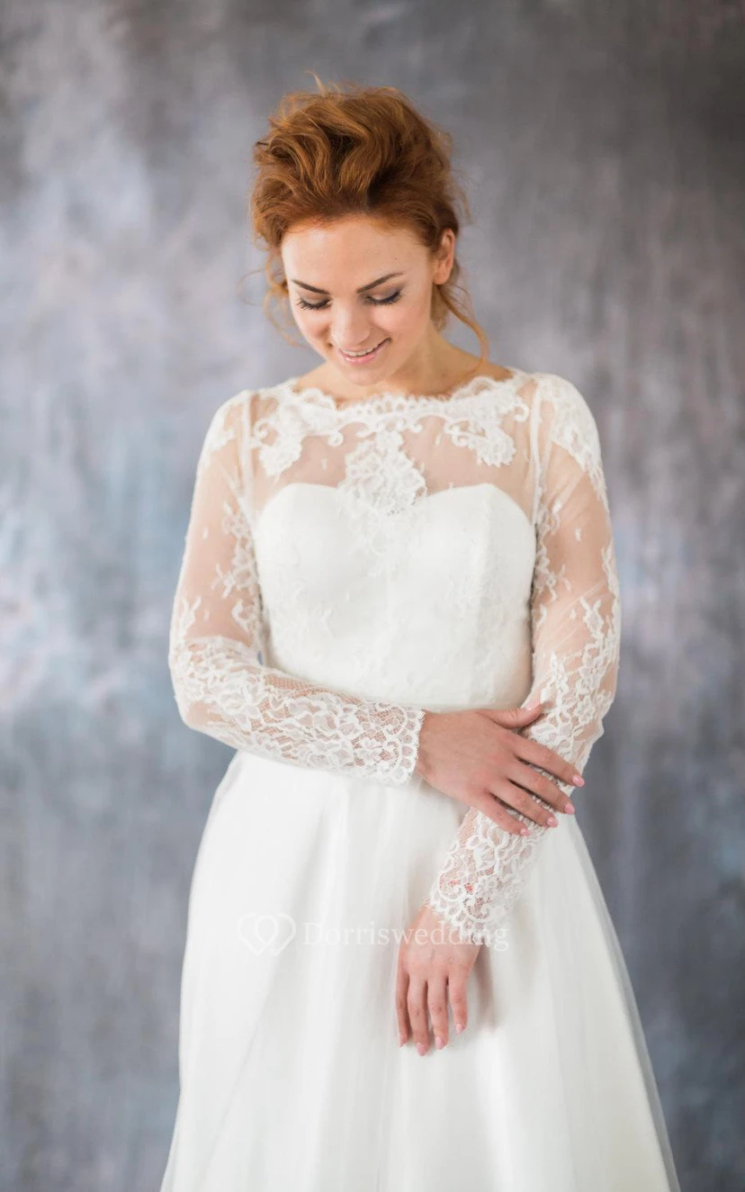 Organza Long Sleeve A-Line Bridal Gown With Illusion Back view 3