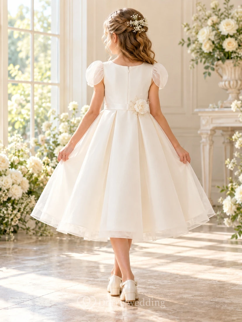 Ivory Tulip Sleeve Floral Waist Organza Tea-length Flower Girl Dress view 2