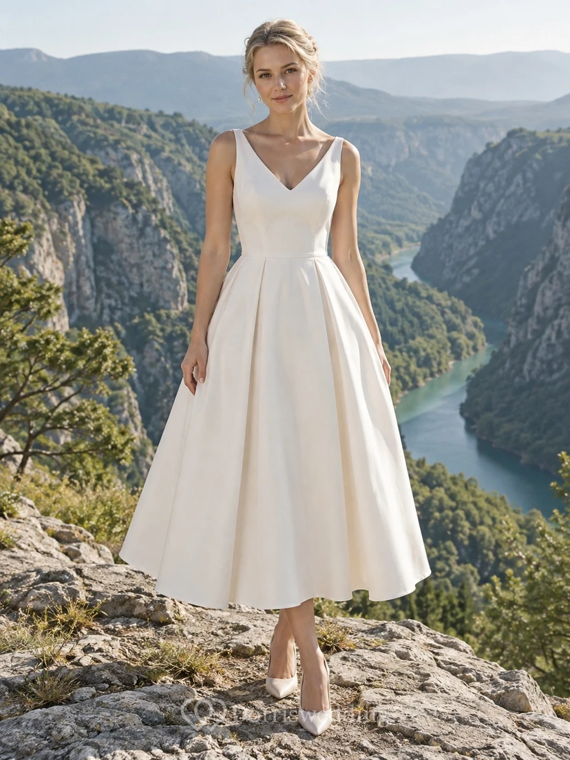 Vestido de novia sencillo, largo hasta la rodilla, escote en V, sin mangas, con tirantes anchos plisados y cintura ajustada.