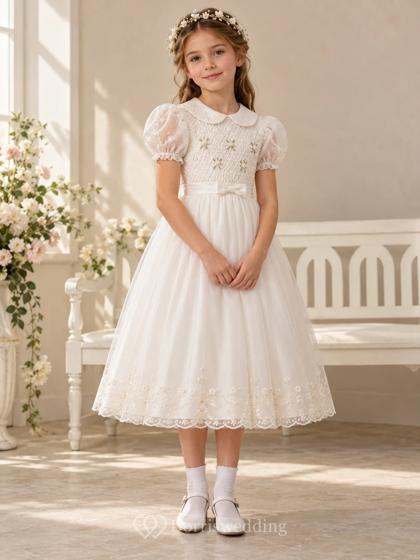 Tea-length Ivory Rounded Collar Floral Smocked Puff Sleeve Communion Dress