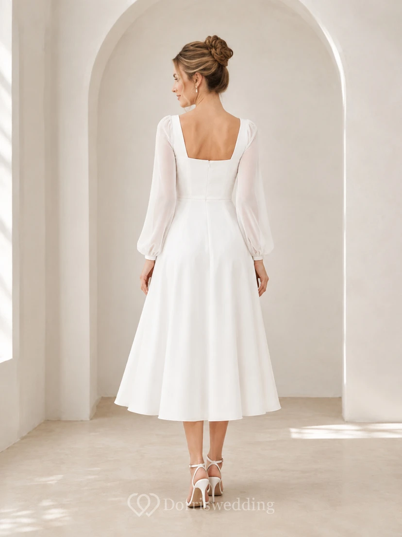 Quiet Arcade White A-Line Tea-Length Square Long-Sleeve Chiffon Modest Cocktail Dress view 2
