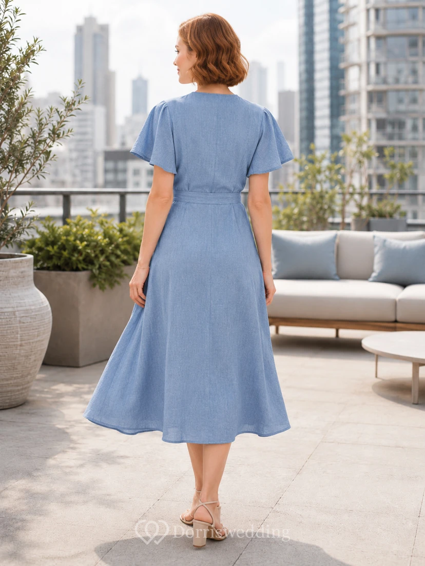 Dusty Blue Linen Wrap Flutter Sleeve Midi Dress view 2