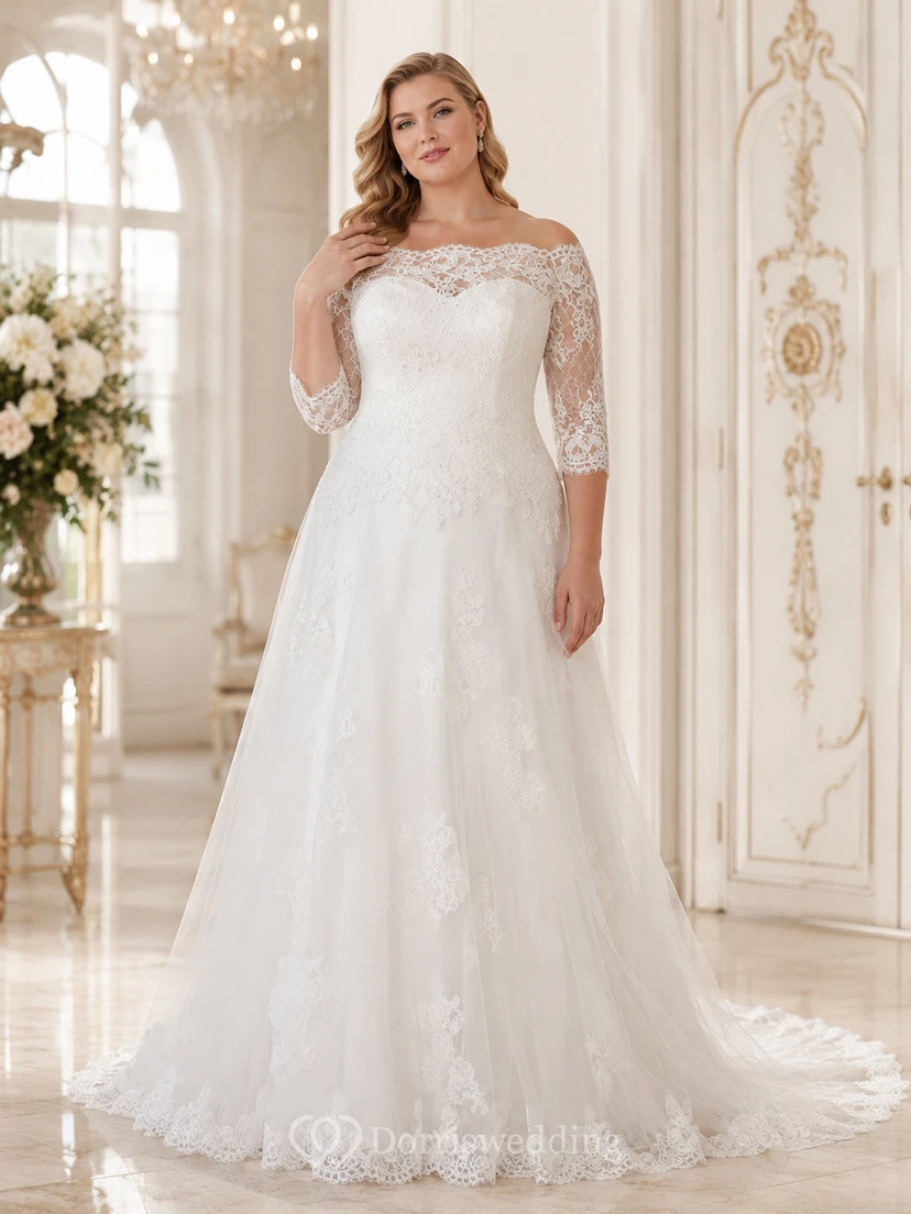 A-Line 3-4-Sleeve Off-The-Shoulder Lace&Tulle Wedding Dress With Illusion view 4