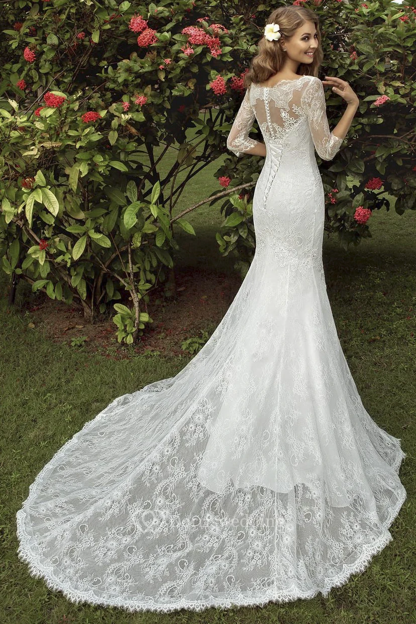 Trumpet Floor-Length Scoop-Neck T-Shirt-Sleeve Corset-Back Lace Bridal Dress With Appliques view 2
