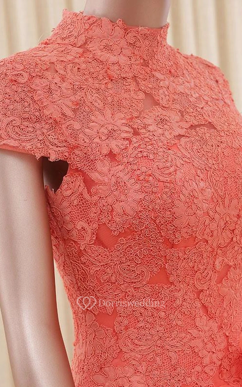 A-Line Ball Gown Floor-Length High Neck Bell Cap Bow Sweep Train Zipper Lace Organza Dress view 3