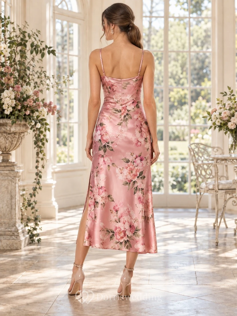 Vestido de noche de satén color rosa rubor con estampado floral, cuello drapeado y tirantes finos, largo hasta la rodilla. view 2