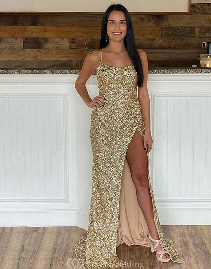 Spaghetti Sexy Front Split Sequin Sheath Floor-length Dress view 14