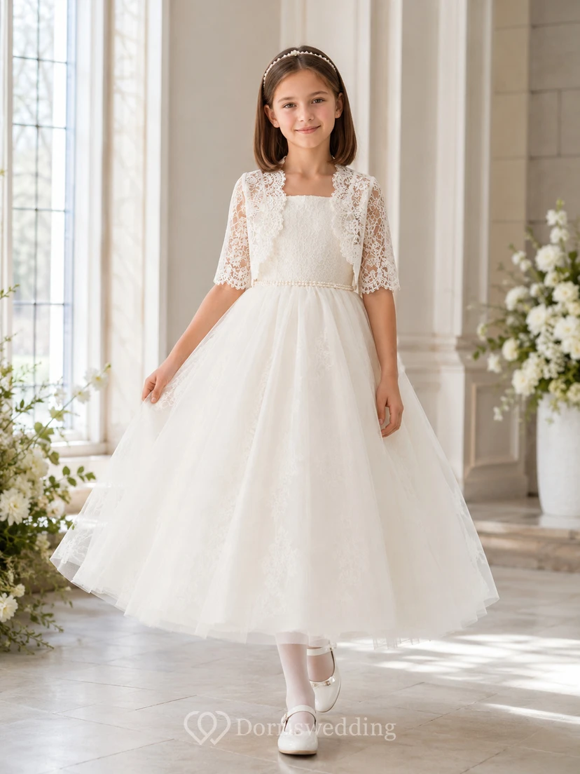 Bolero de encaje blanco, vestido de tul hasta el tobillo para primera comunión o damita de honor.