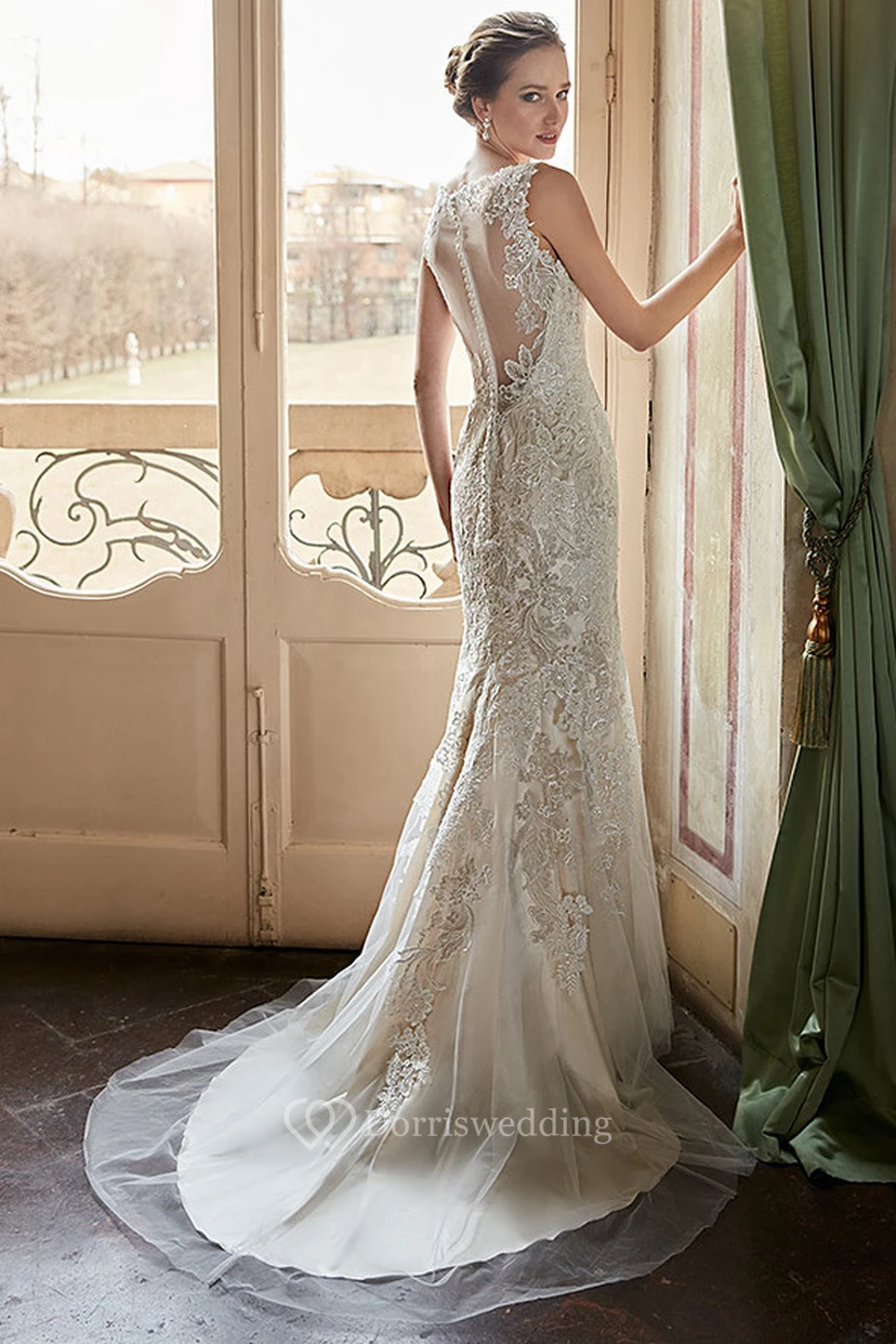 Sheath Long Appliqued Sleeveless V-Neck Lace Wedding Dress