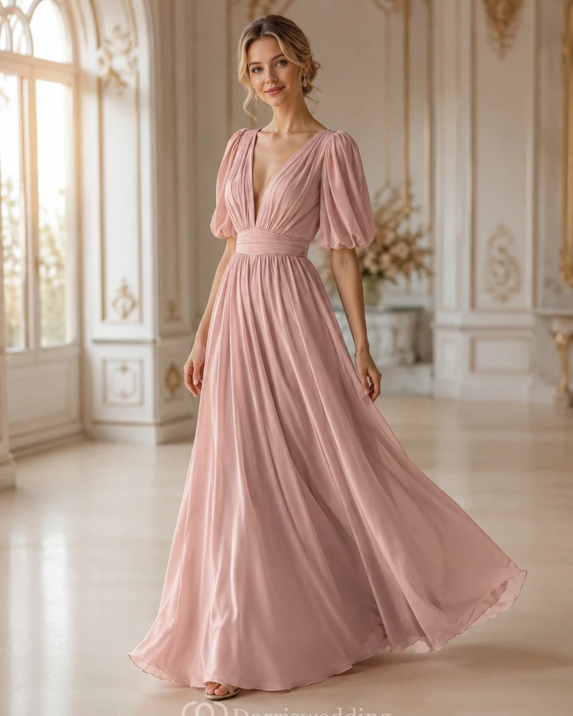 Vestido de dama de honor de gasa plisada de manga larga con escote pronunciado y falda abullonada, color rosa empolvado.