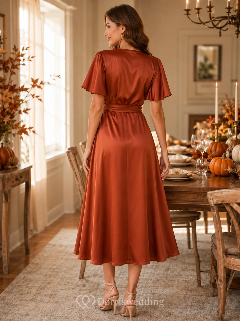 Rust Flutter Sleeve Satin Wrap Midi Thanksgiving Dinner Dress view 2