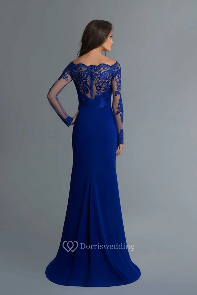 Sheath Maxi Off-The-Shoulder Long Sleeve Jersey Illusion Dress With Lace And Split Front view 2
