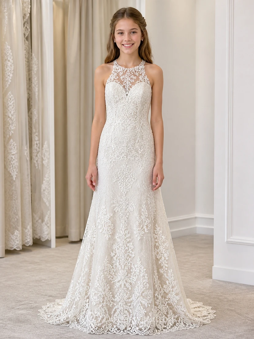 Modern Flower Girl Floor-length Mermaid Halter Lace Sleeveless Gown