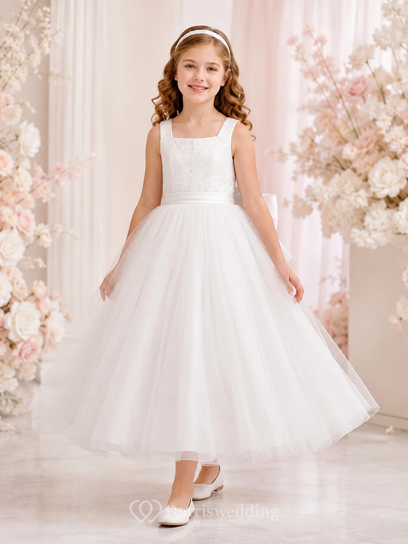 Teelanges Kleid mit quadratischem Ausschnitt, Tüllschleife, für Kommunion, Blumenmädchen, Kommunionkleid
