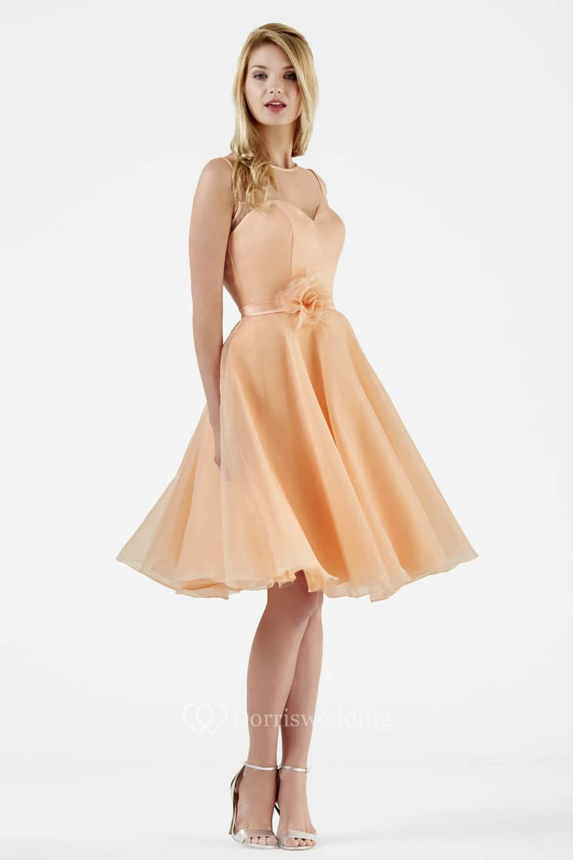 Knee-Length A-Line Floral Sleeveless Scoop Neck Organza Bridesmaid Dress
