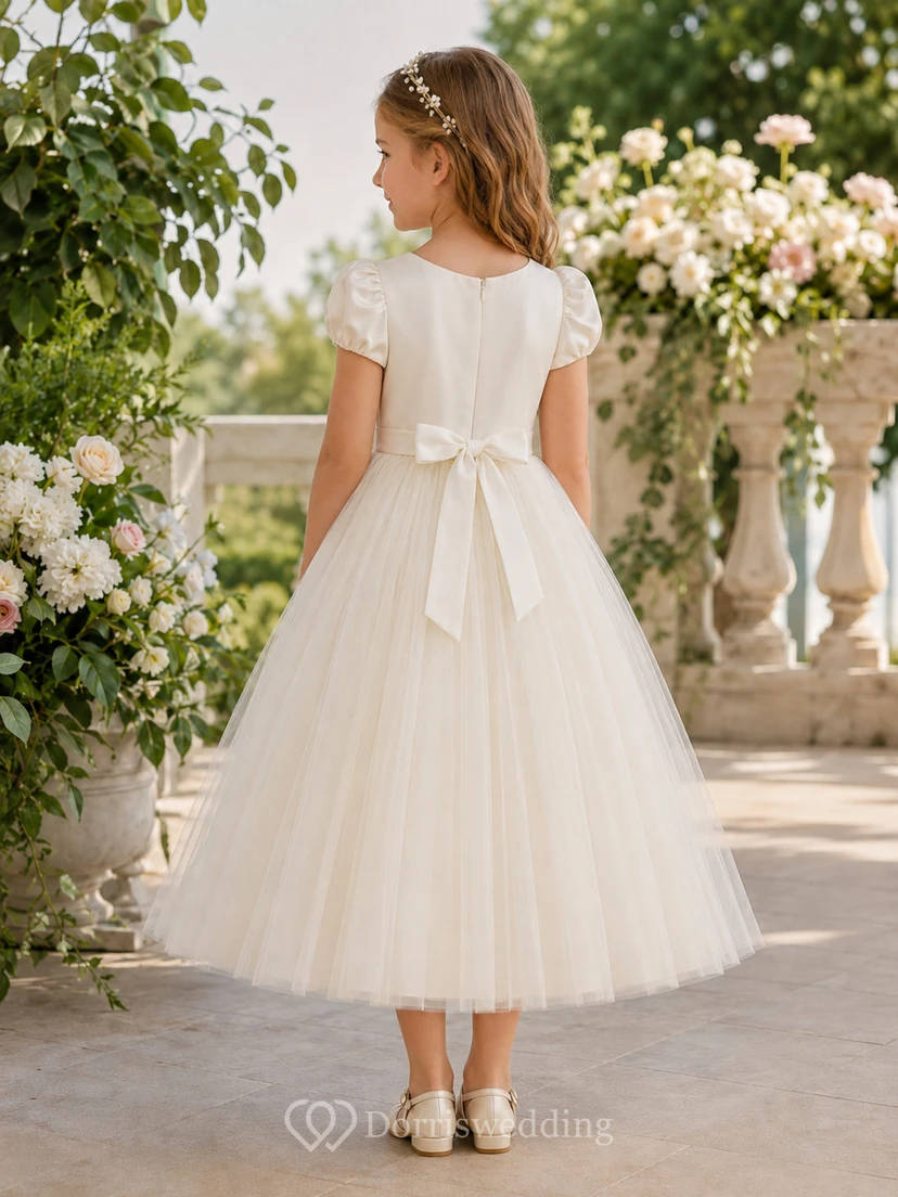 Vestido de niña de las flores, color marfil, encaje, tul, corte en A, cuello joya, largo midi, detalle de lazo. view 2