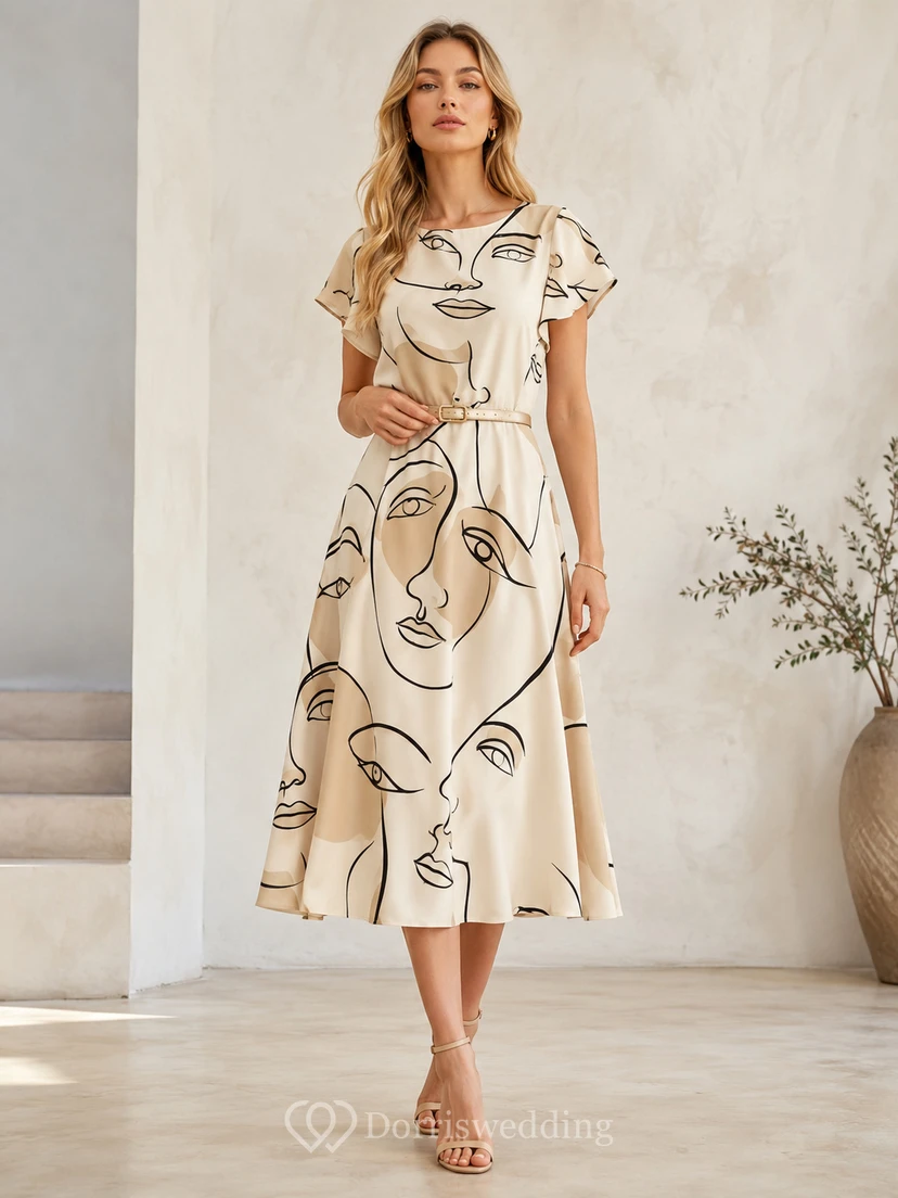 Vestido midi de corte A con mangas cortas y estampado abstracto de rostro