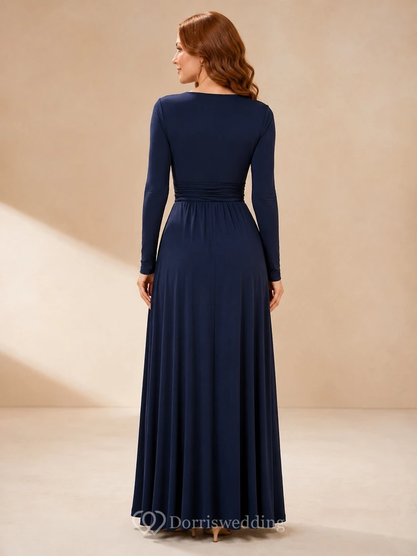 Midnight V Neck Long Sleeve Jersey A-Line Maxi Modest Evening Guest Dress view 2