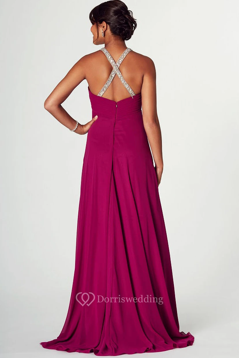 Floor-Length Beaded V-Neck Empire Sleeveless Chiffon Prom Dress view 2