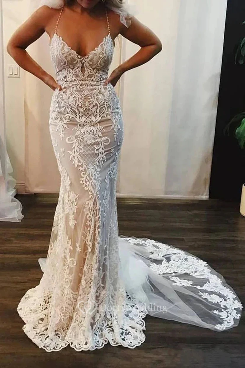 Spaghetti Sheath Mermaid Lace Applique Wedding Dress with Court Train