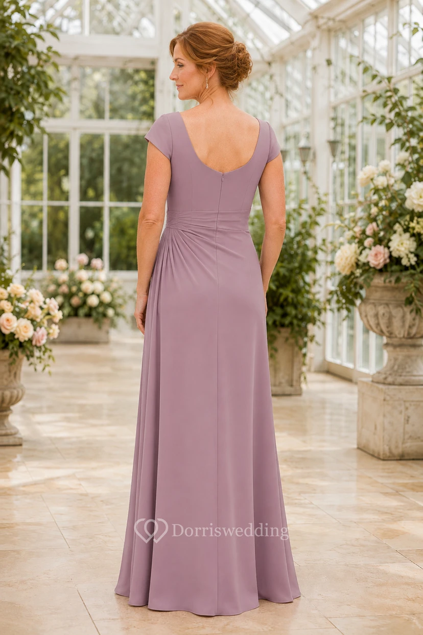 MOB-Kleid, mauvefarbener Chiffon, A-Linie, kurze Ärmel, eckiger Ausschnitt, bodenlang, drapiert view 2