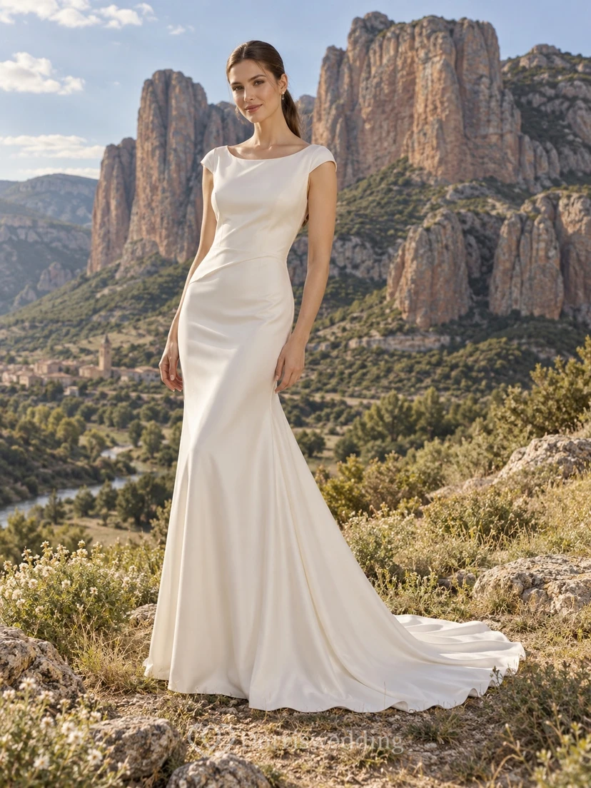 Vestido de novia moderno y sencillo de satén elástico con escote redondo, mangas cortas, corte sirena, cola larga y espalda descubierta.