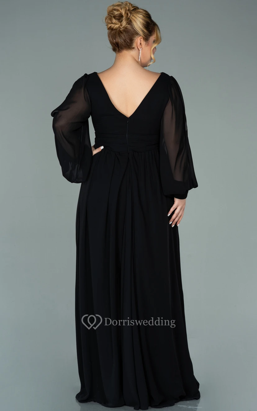 Vestido de noche de gasa con escote en V, manga larga, abertura frontal y pliegues, talla grande view 8