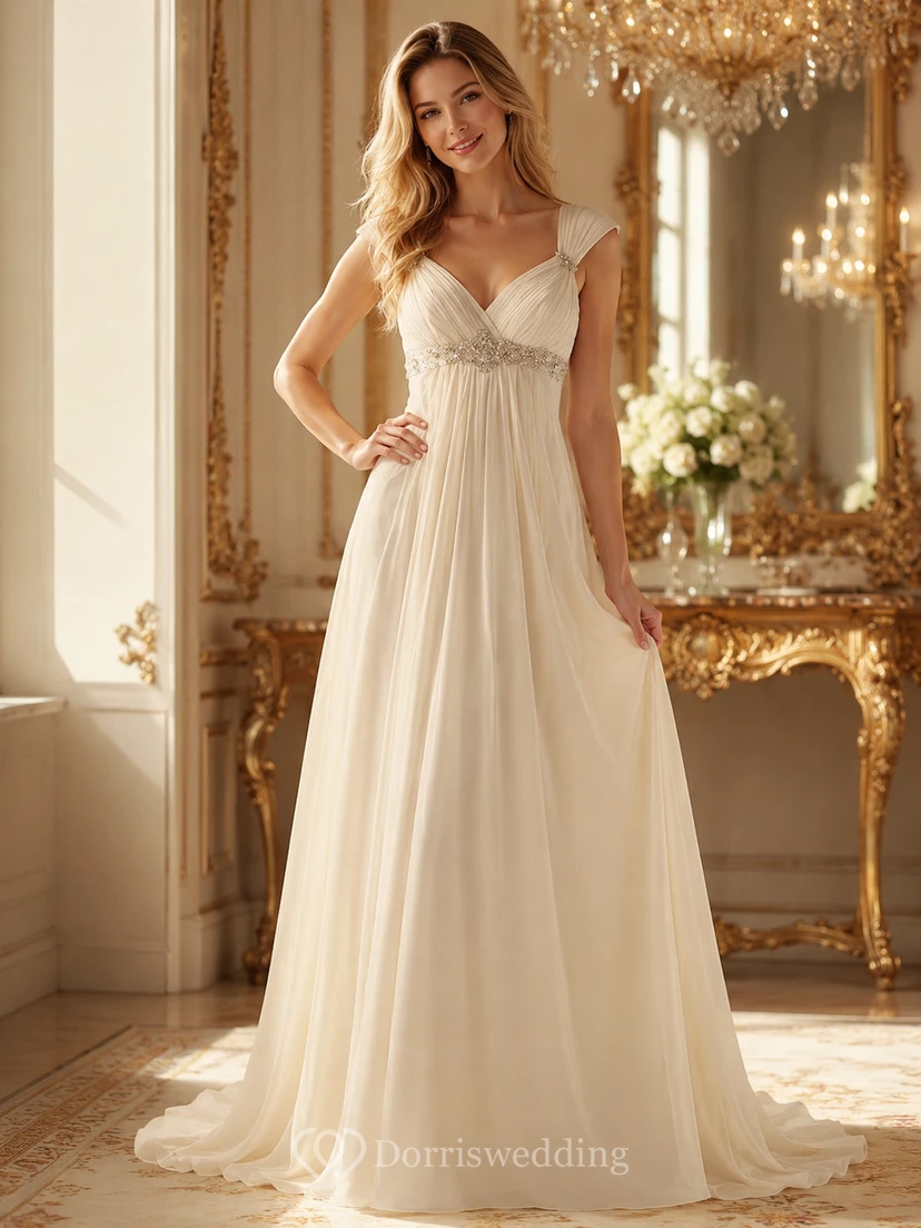 Robe de mariée de plage en mousseline de soie style empire, ornée de perles et de plis, dos nu en V et traîne. view 6