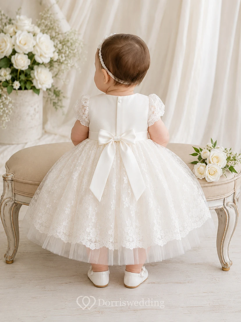 Baby Baptism Christening Ceremony Dress A-Line Tea-Length Jewel Neck Puff Sleeve Tulle Lace Bow Back Button Back view 2