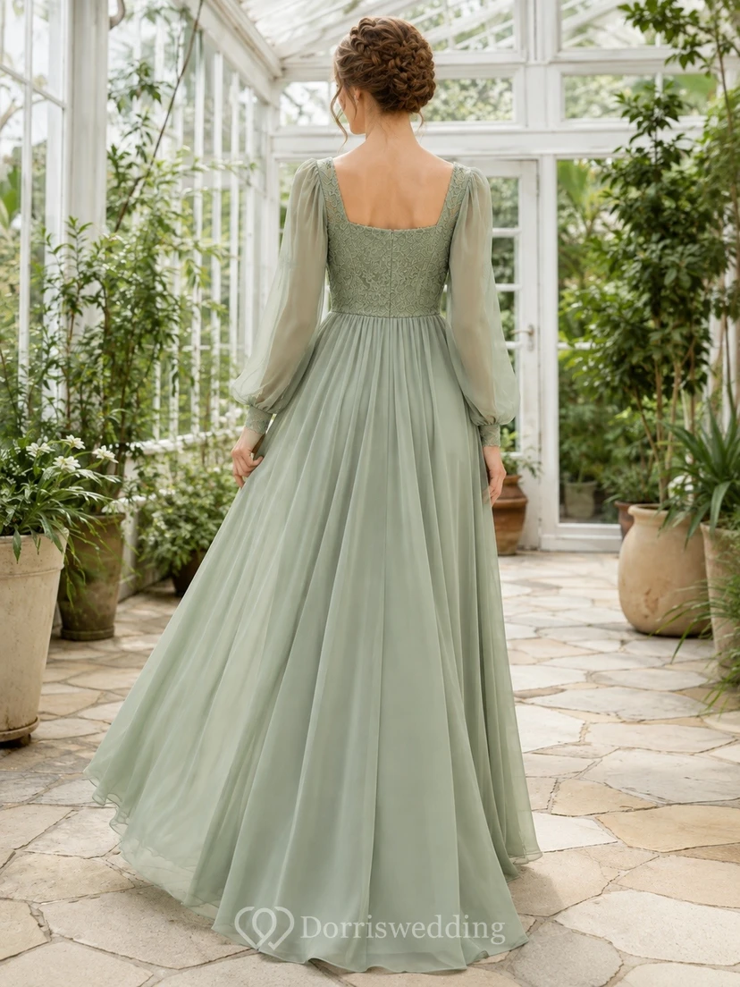 Sage Green Square Neck Long Sleeve Chiffon A-Line Floor Formal Dress view 2