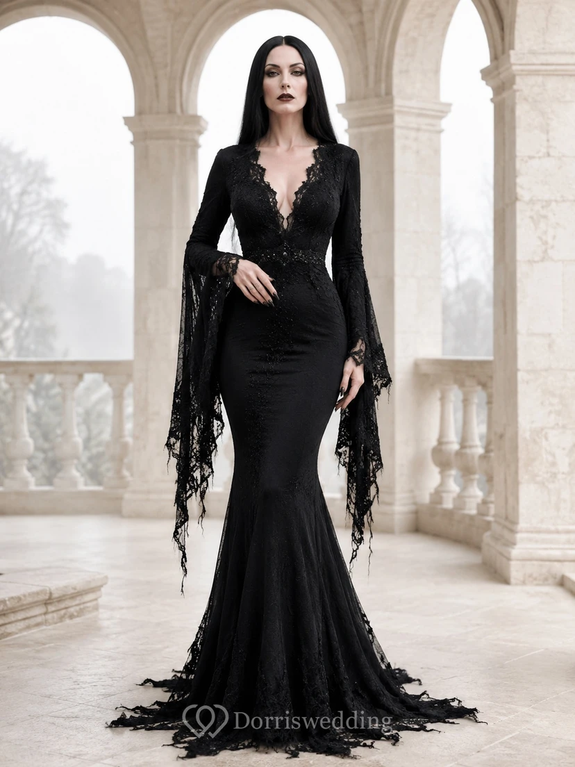 Vintage Black Deep V Long Bell Sleeve Lace Mermaid Court Train Gothic Gown