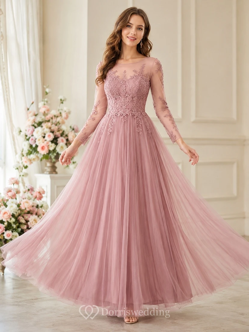 Dusty Rose Floral Lace Sleeveless Tulle Ball Gown Bridesmaid Dress