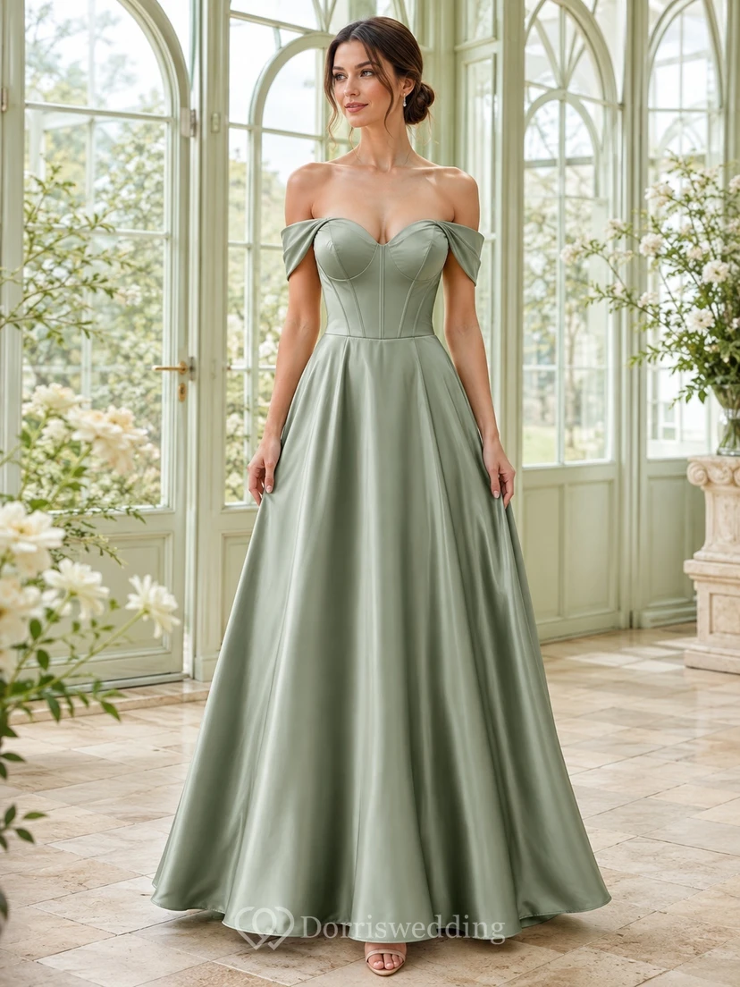 Sage Satin Off-the-shoulder Short Sleeve A-Line Floor-length Elegant Modern Romantic Evening Formal Dress