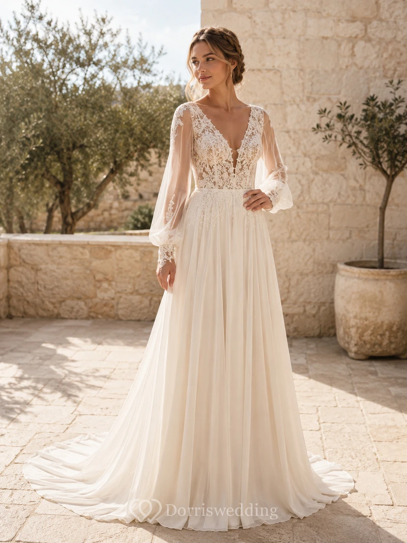 Robe de mariée d'extérieur en mousseline de soie polie, dentelle, décolleté plongeant en V, manches gigot, bustier trapèze et traîne, manches bouffantes ....