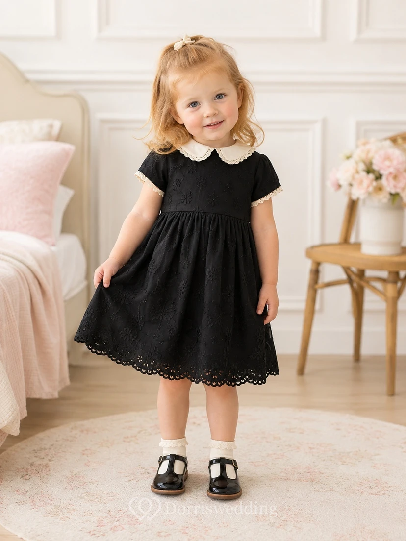 Black Jewel-Neck Cap-Sleeve Cotton Lace A-Line Mini Scalloped Adorable Flowergirl Dress