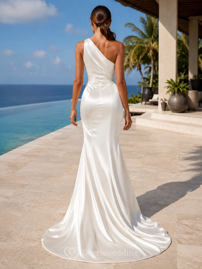 One Shoulder Satin Tropical Island Resort Mermaid Gown view 2
