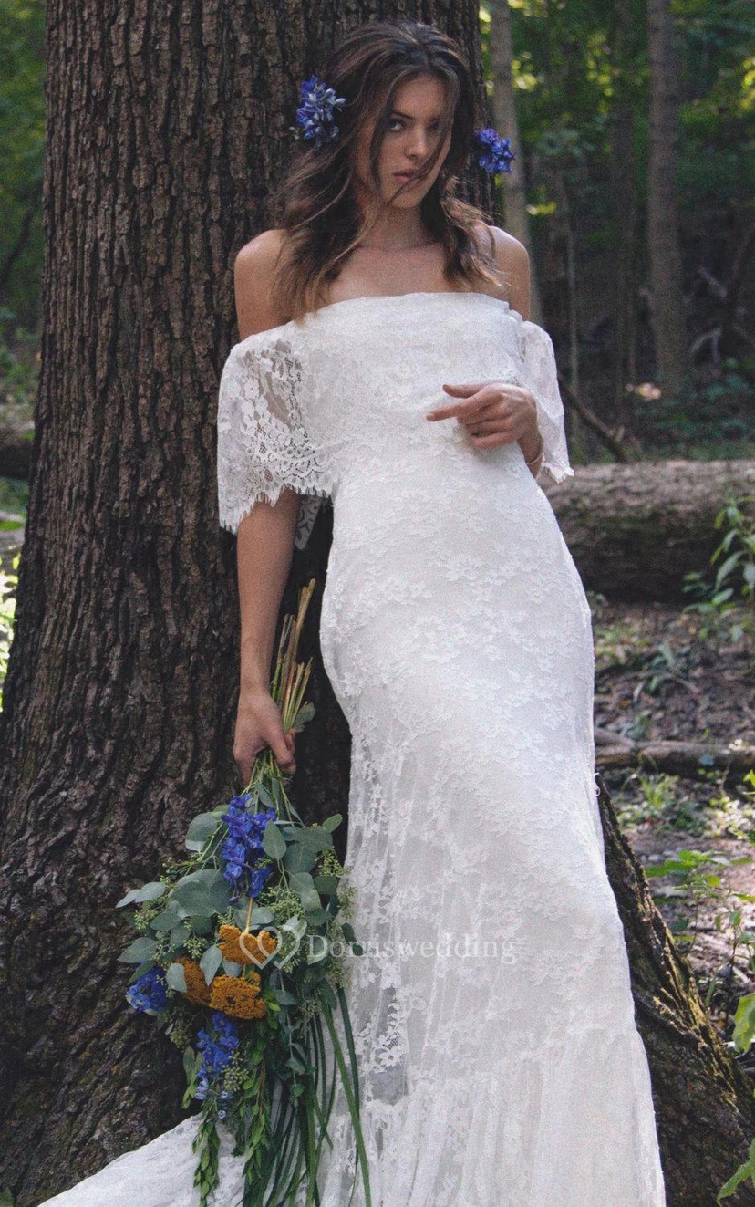Boho Off-Shoulder Sheath Scalloped Lace Wedding Dress With Long Train view 2