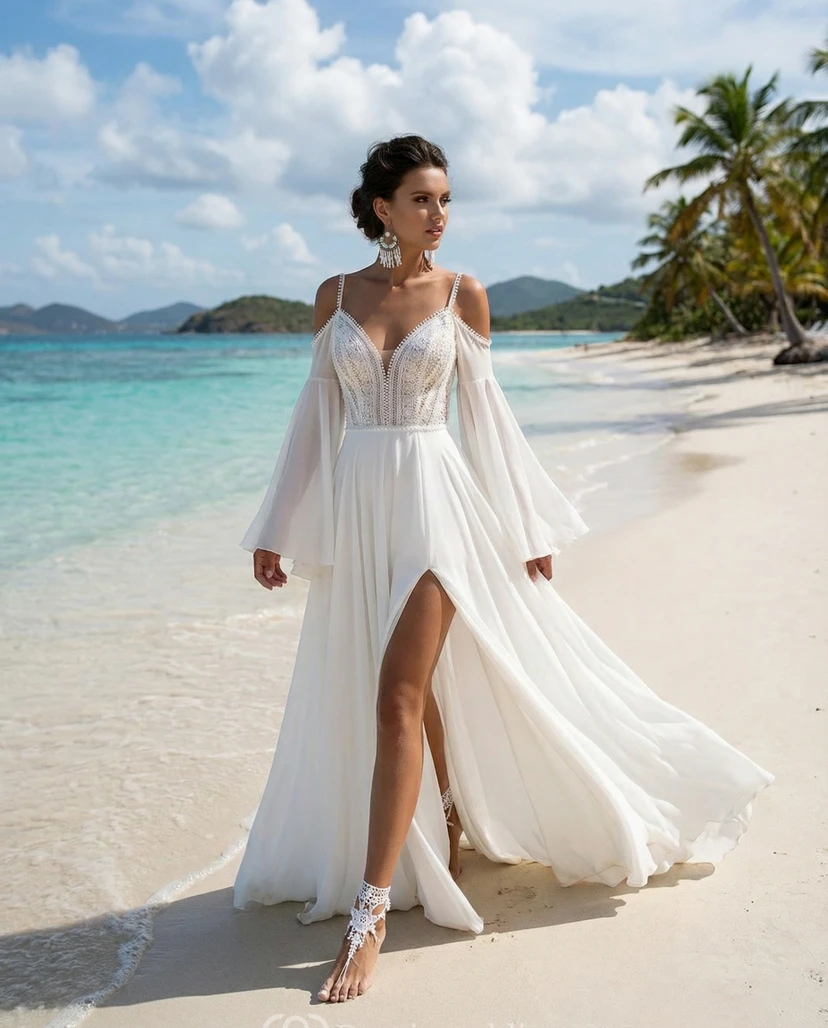 Robe de mariée bohème de plage, épaules dénudées, en mousseline avec corsage en dentelle et fente.